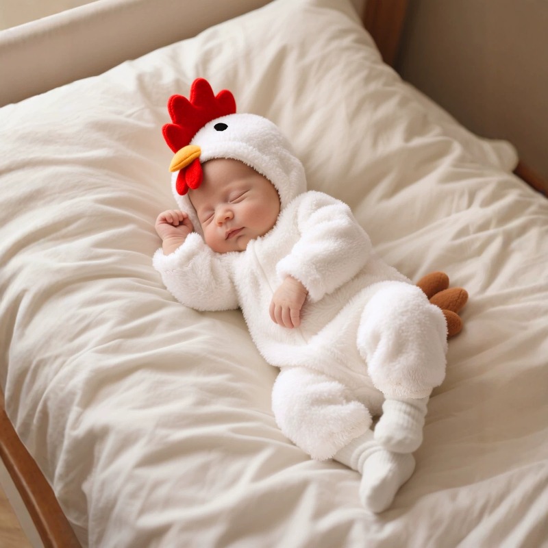 Cotton Baby Onesies Zipper - Weißer Hühner-Strampler für Neugeborene mit Kapuze,