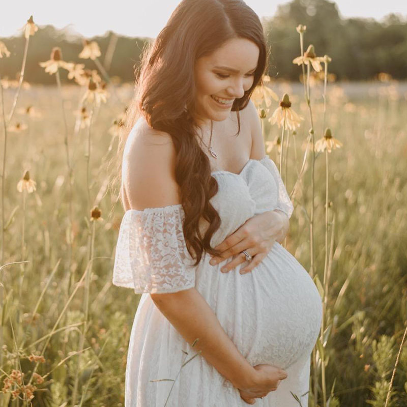 Maternity Wear - Schwangere Frauen Schulterfrei Rüschenärmel Spitze Umstandskleid
