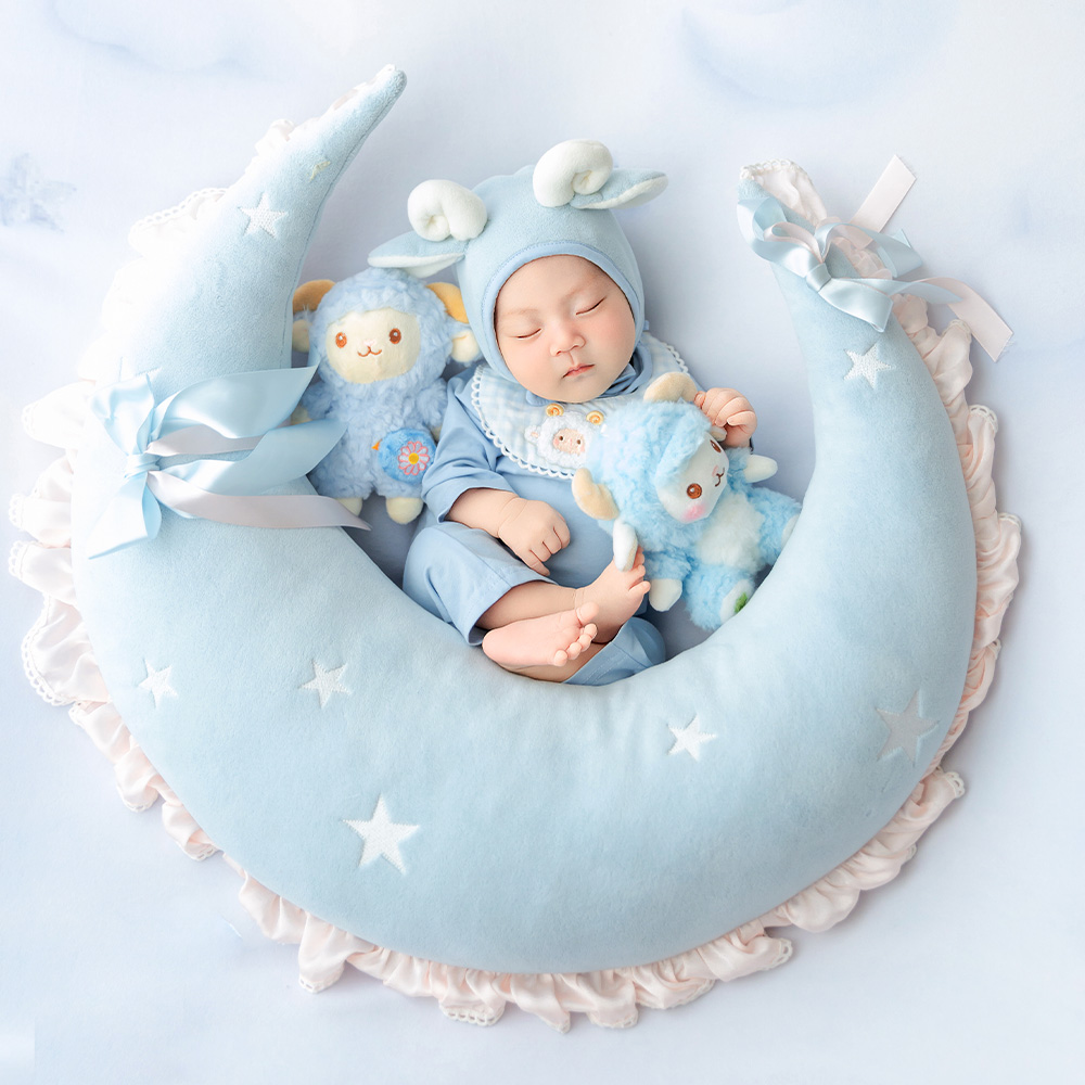 Infant Photography Props Outfit - Niedliches Schaf Neugeborenen-Fotografie-Requisiten-Set, Mondförmiges Posing-Kissen, Lamm-Kostüm,